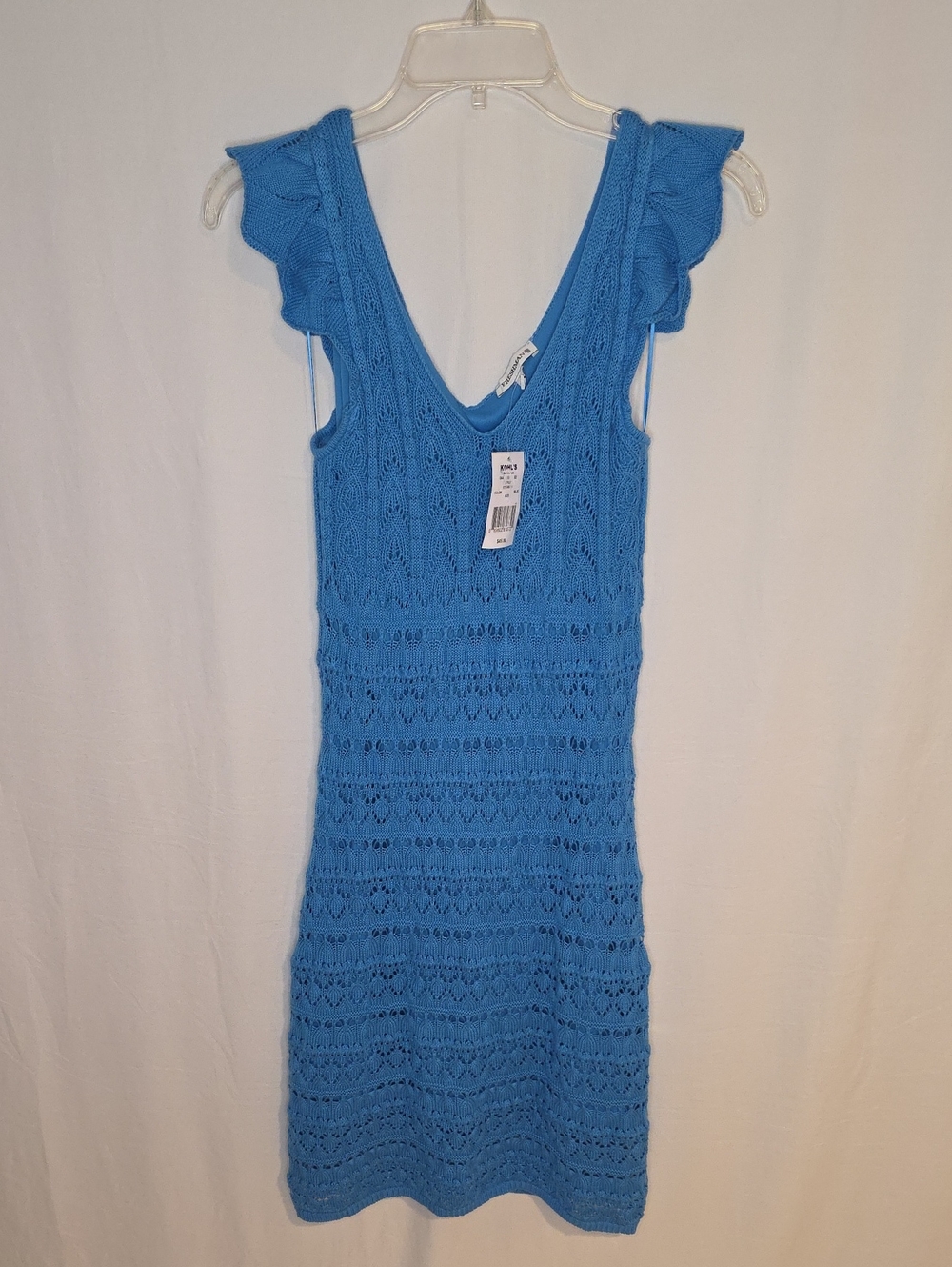 Freshman Sky Blue Knit V-Neck Midi Dress with Ruffle Sleeves